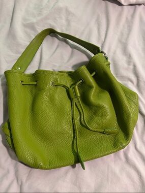 Cole Haan Lime Green Pebbled Leather Drawstring Shoulder Bag
